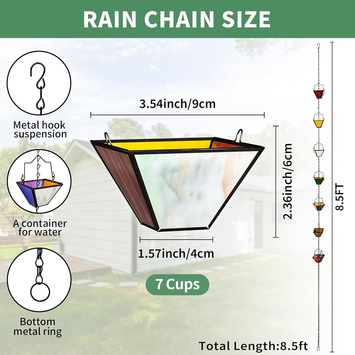 Rain Chain Set 8.5FT,Handmade Pure Copper Inlaid Stained Glass Vintage Style, Rain Chains for Drains to Divert Water & Home Display, Garden Decoration (Mutil col)