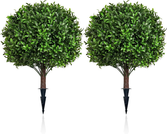 Artificial Olive Leaf Boxwood Topiary Ball Trees, Set of 2 UV Resistant 16in Outdoor Plants – Artificial Bonsai, Miniature Trees, Garden, Curb Appeal