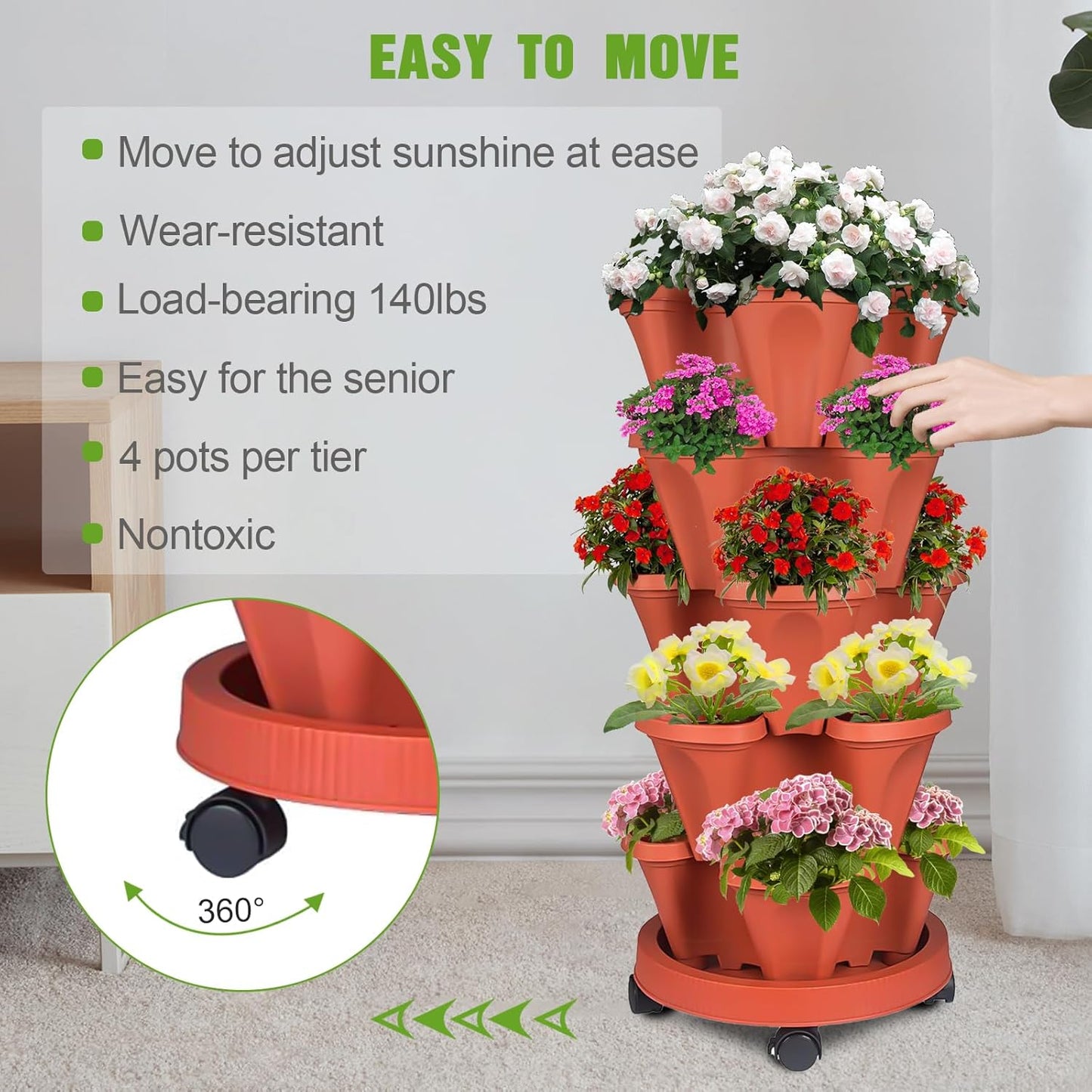 5 Tier Vertical Strawberry Planter-Tower Stackable Herb Planter Stacking Garden Planters Pot Outdoor With Tools Mover For Growing Flowers, Vegetables and Succulents