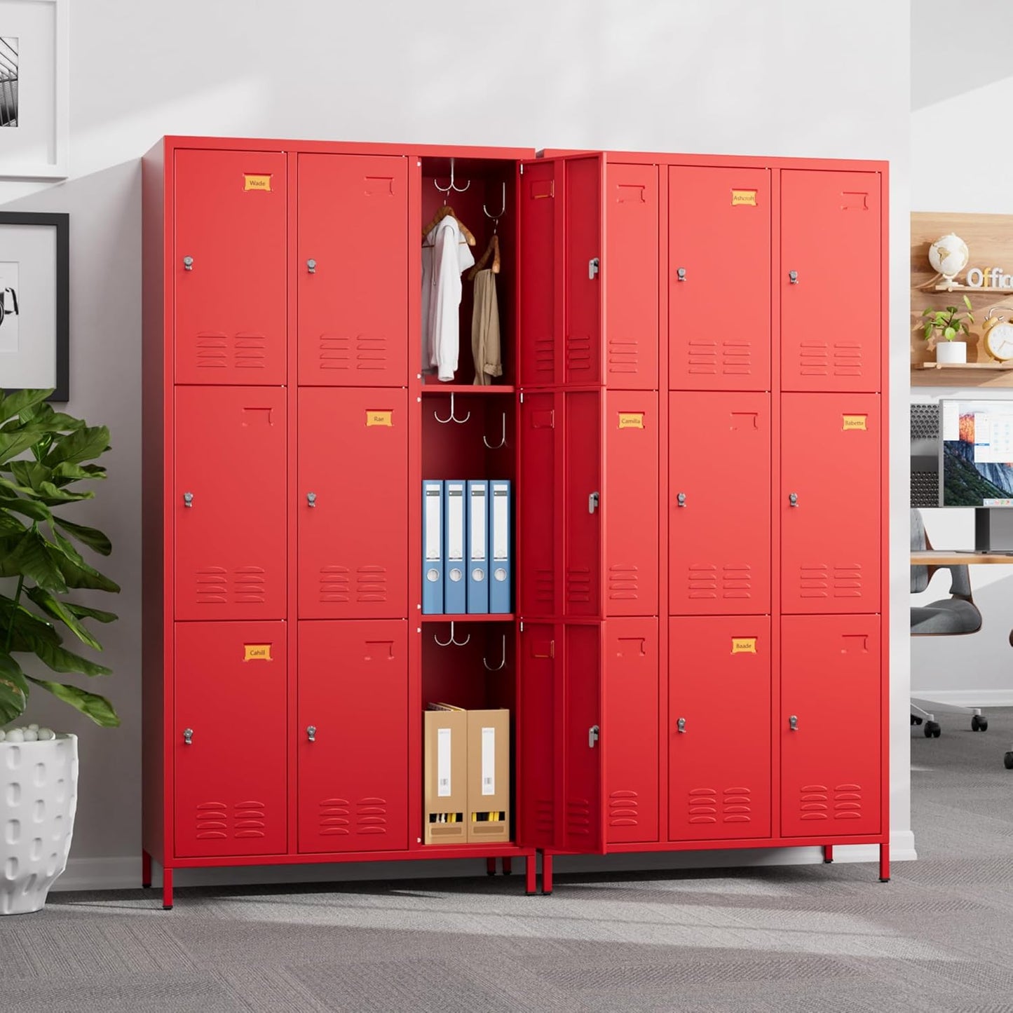 9 Doors Metal Storage Lockers for Employees with 27 Hooks,72" H Employee Lockers with Business Card Holder for Offices School Gyms Home,Assembly Required,Red