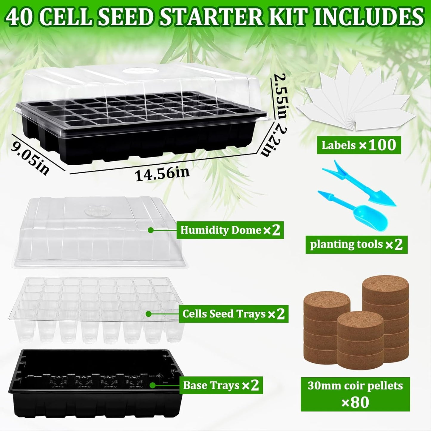 Halatool 2 Pack 80 Cells Seed Starter Trays with 80 PCS Coco Pellets, Black Seedling Starter Kit for Seedlings, Organic Seed Starting Soil Pods for Plant Germination, Planting Vegetables Flowers Seeds