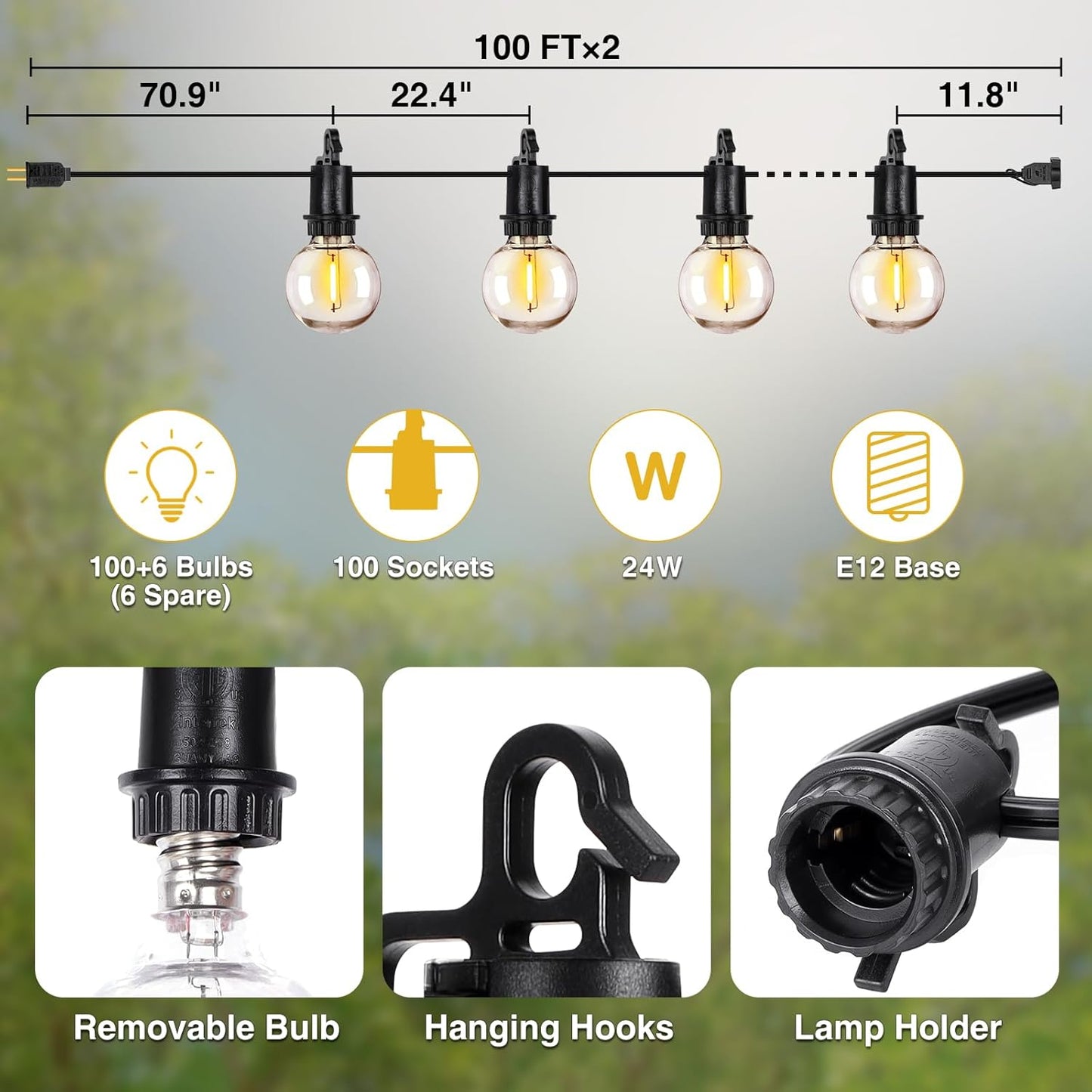 ZJOJO 200FT Outdoor String Lights, G40 Globe Outdoor Lights with 100 Shatterproof LED Bulbs 2700K, IP65 Waterproof Patio Light String Lights for Outside Backyard Porch Party