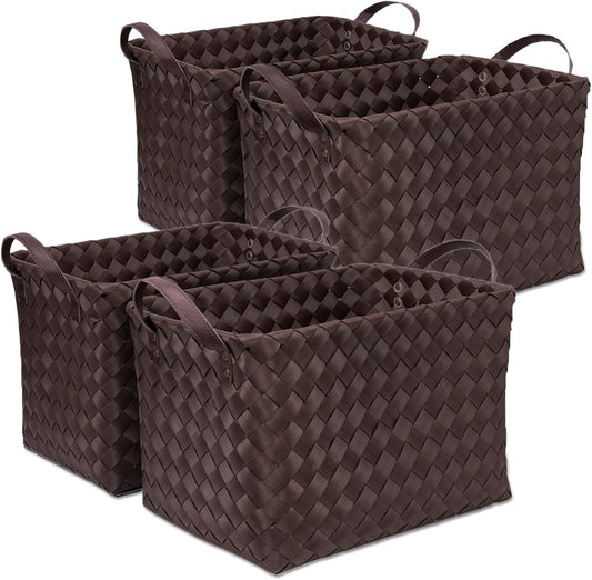 Handwoven Clothes Basket Laundry Hampers Large Wicker Storage Baskets for Shelves Blankets Closet Storage Bins Car Bedroom Bathroom Organizers and Storage Bath (Pack of 4, Espresso color)