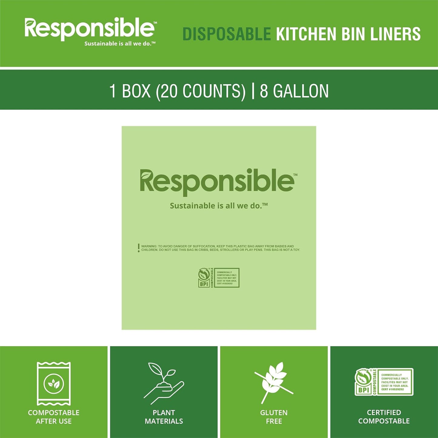 Kitchen Bin Liners, Certified Compostable, Heavy Duty Multipurpose Food Scrap Bags, Made from Compostable Materials (8 Gallon, 8 Gallon (20 Count))