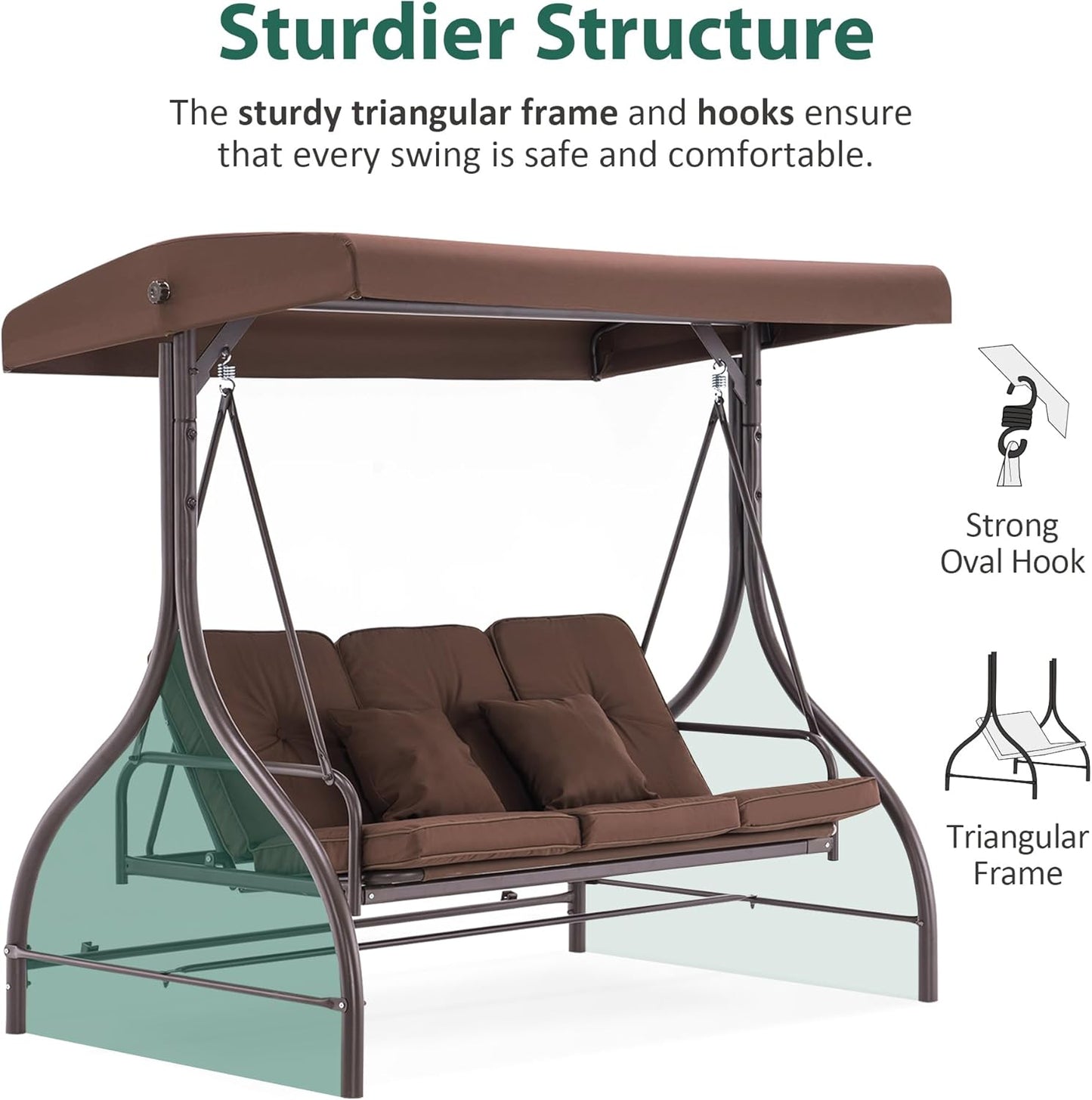 MCombo 3-Seat Outdoor Patio Swing Chair, 2-in-1 Convertible Porch Swing Glider Chair with Removable Cushions, Adjustable Canopy & Pillows for Backyard, Deck, Garden, 4068 (Brown)