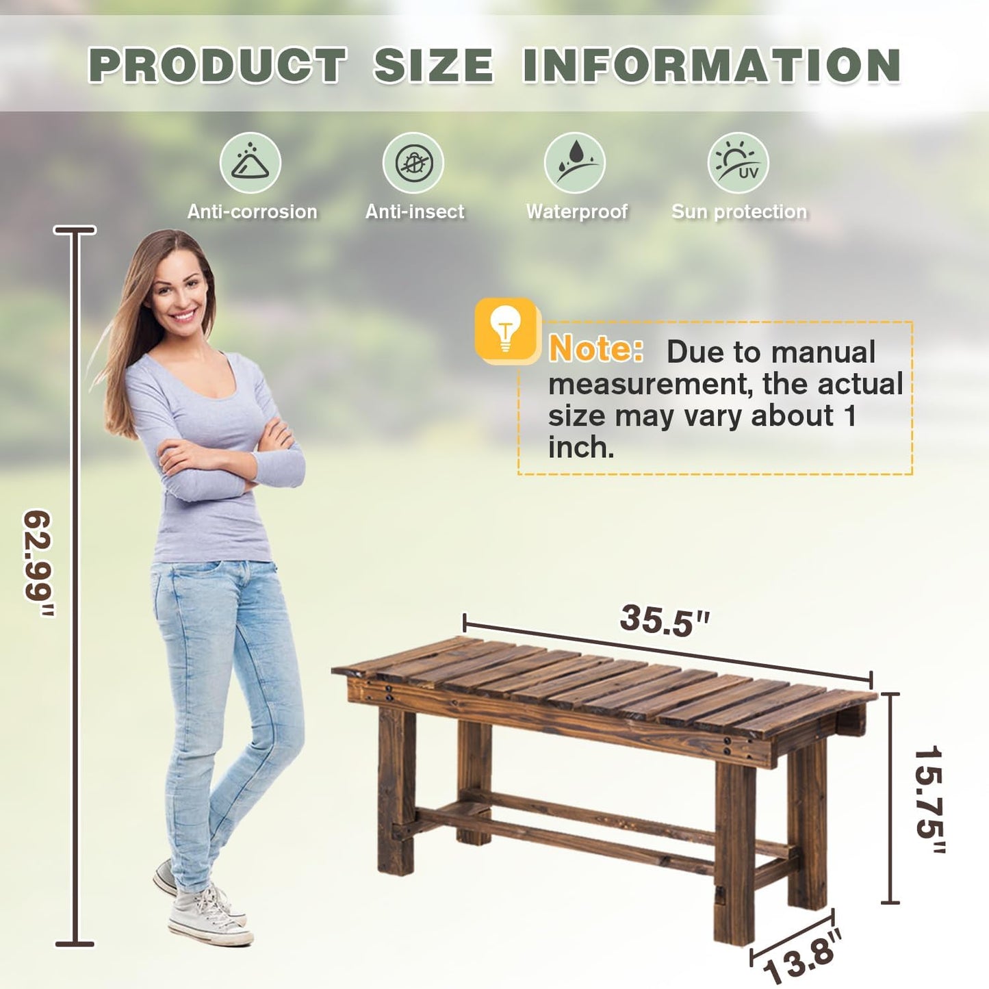 Outdoor Garden Bench, 2-Person Wood Patio Bench Weatherproof Outdoor Backless Bench, Anti-Corrosion and Anti-Rust Garden Benches for Garden Lawn Porch Park Backyard (Carbonized,35.5''/90cm)