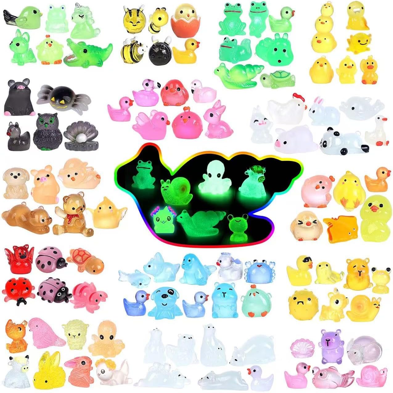 Luminous Mini Resin Animals 100 Pcs Glow in The Dark Resin Animals 100 Styles Miniature Fairy Garden Mini Ducks Figurines Slime Charm for Accessories Landscape Aquarium Potted Decoration