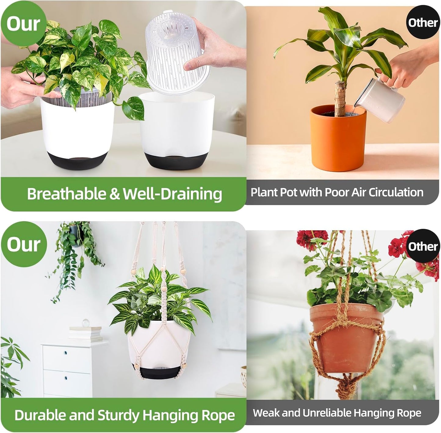 2-Pack 7.2-Inch Self-Watering Hanging Planters for Indoor & Outdoor Plants,34-Inch macrame hanger plant pots indoor with drainage,Small Hanging Planters & Baskets in White,With two sets of hooks