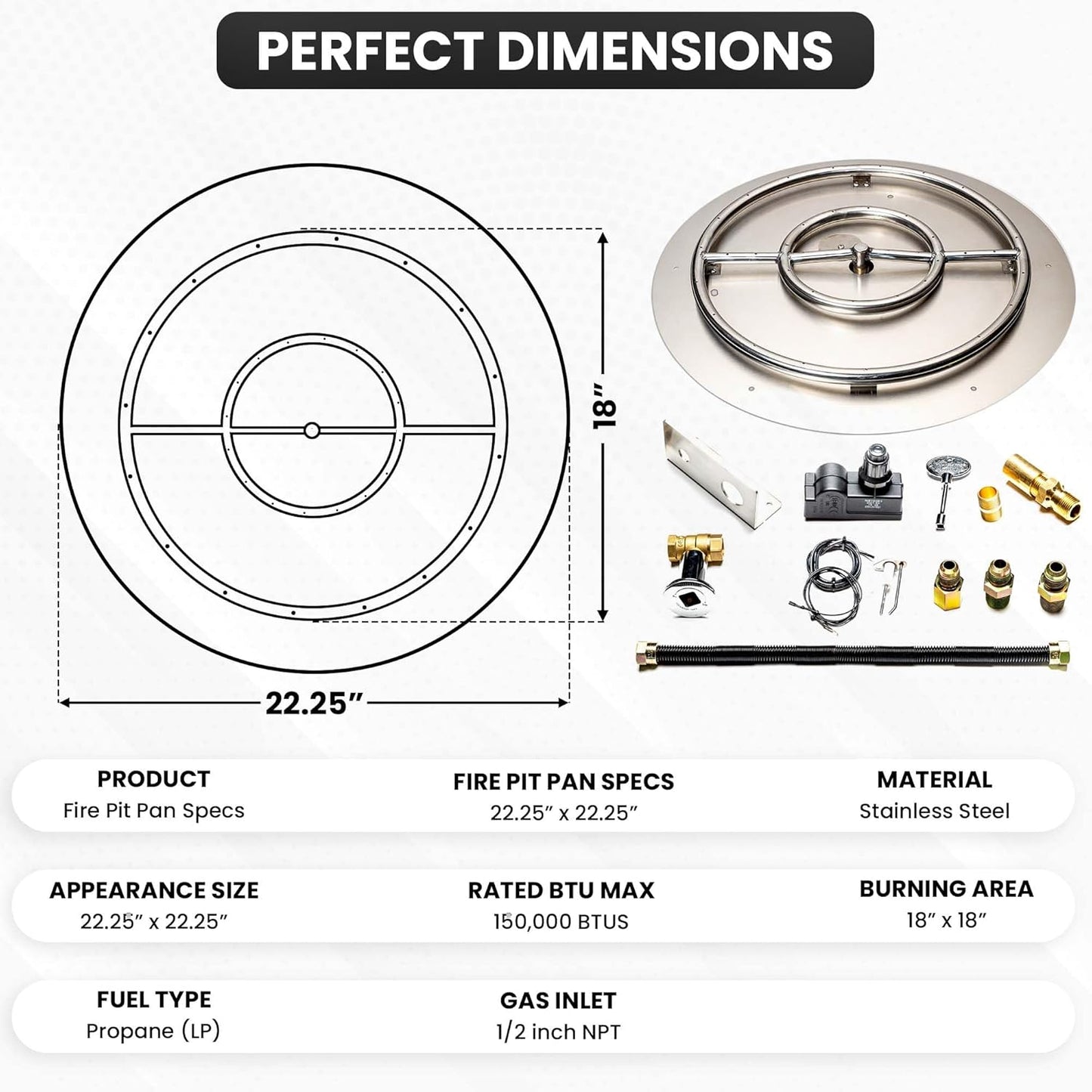 Stainless Steel Fire Pit Burner Pan & Ring Standard Kit with Spark Ignition for Liquid Propane, 22-Inch Pan, 18-Inch Ring, 150,000 BTU Max