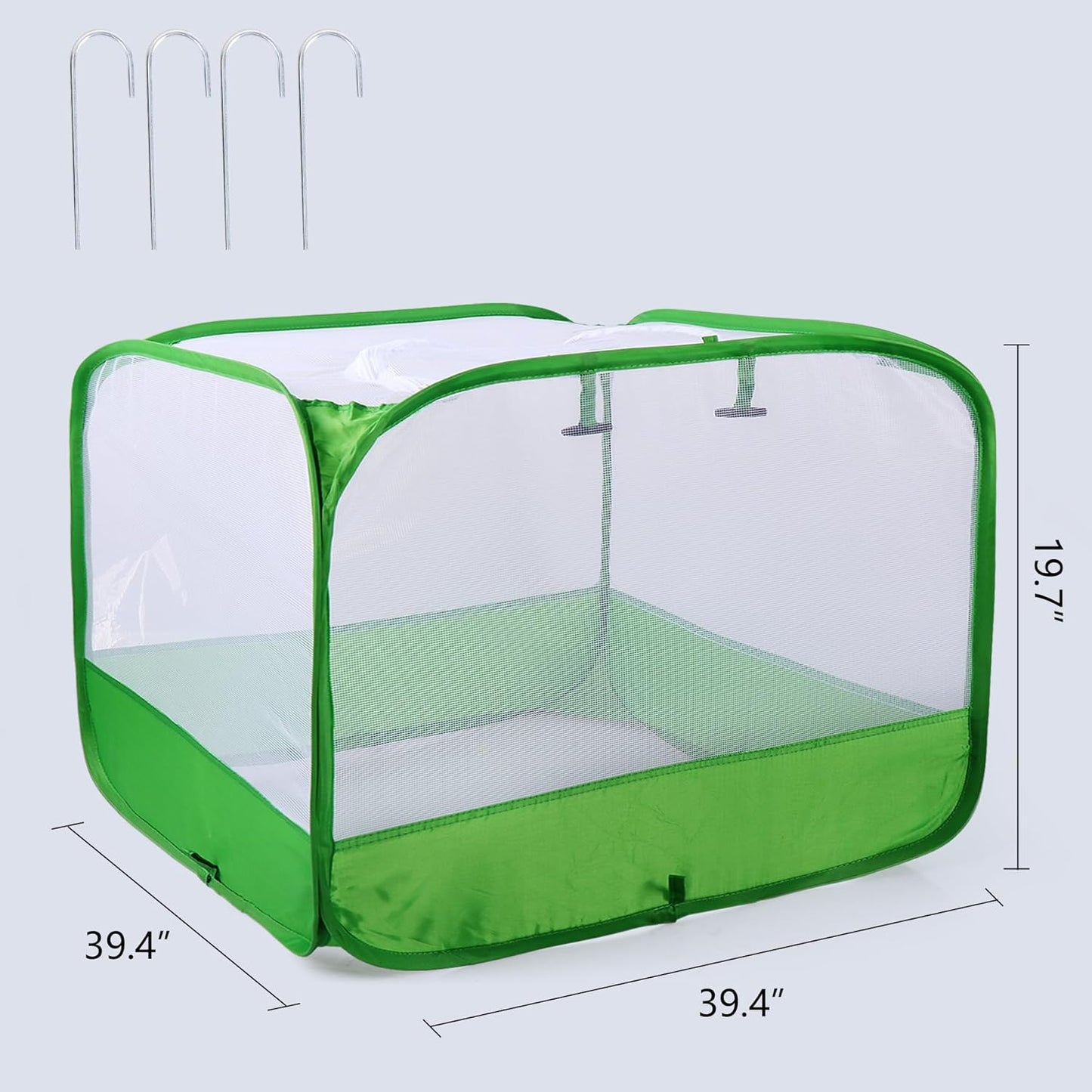 Mesh Plant Cover for Outdoor, Plant Netting Protector Garden Enclosure Cloche for Fruit, Vegetables, Strawberry, Flowers and Herbs Pop-Up Cage with 4 Stakes (White with Green, 39.4" x 39.4" x 19.7")