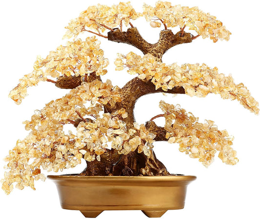 Feng Shui Money Tree Large Pine Tree Style Crystal Quartz Lucky Tree Gem Tree for Office Home Feng Shui Decoration for Wealth/Fortune and Luck (Yellow)