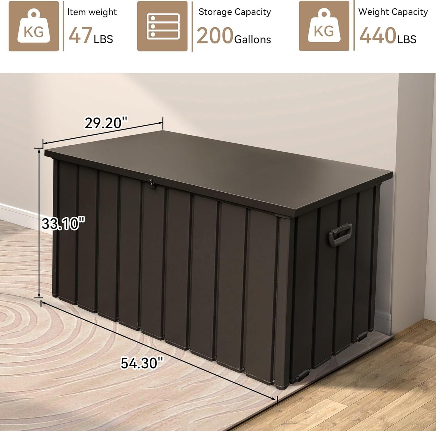 200 Gallon Deck Box, Outdoor Metal Storage Box Waterproof, Large Patio Furniture Storage Cabinet, Lockable Storage Chest for Porch, Pillows, Cushions, Pool, Tools, Backyard -Brown