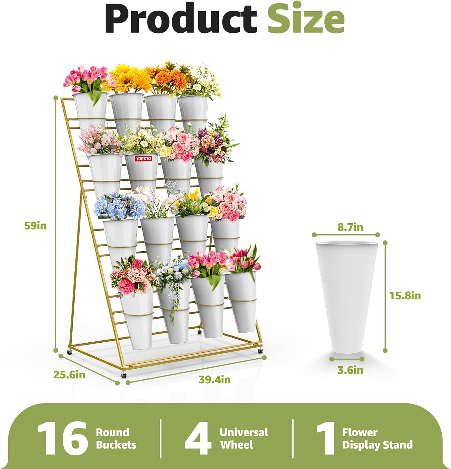 Flower Display Stand 4 Layers with 16 PCS Round Buckets, Plant Stand with Wheels, Movable Metal Plant Stand for Terrace Garden, Florist Shop (Gold Frame, White Buckets, 4-Tier, 16 Buckets)