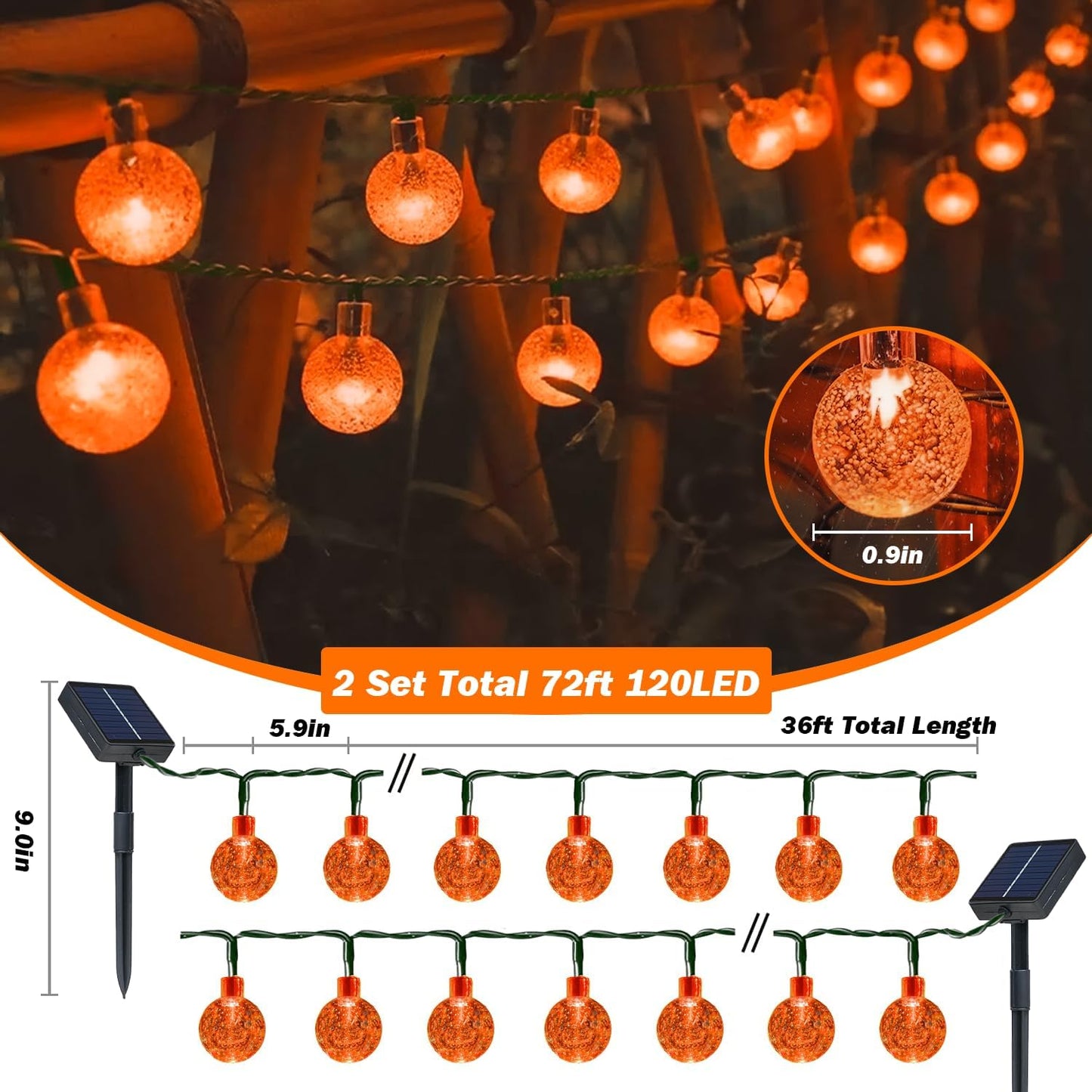 Solar Lights Outdoor Waterproof, 2 Pack Total 120LED 72FT Solar String Lights for Outside with 8 Modes, Outdoor String Lights Crystal Globe Patio Lights for Garden Yard Party Decor (Orange)