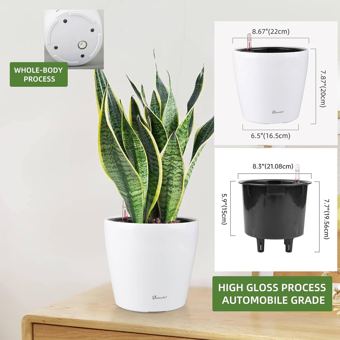 Dexceder 9x8 Inches High Gloss Self Watering Planter Indoor Outdoor, Inner Pot Design, Thickened Table Flower Plant Pot with Water Level Indicator (White)