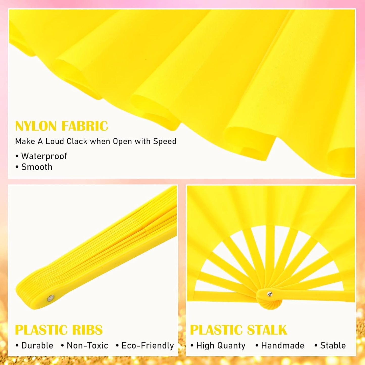 Maitys 2 Packs Large Clap Fans for Line Dancing Large Chinese Folding Hand Fans for Men and Women, Festival, Tai Ji, Kungfu, Martial Art, Gifts (Pink and Yellow)