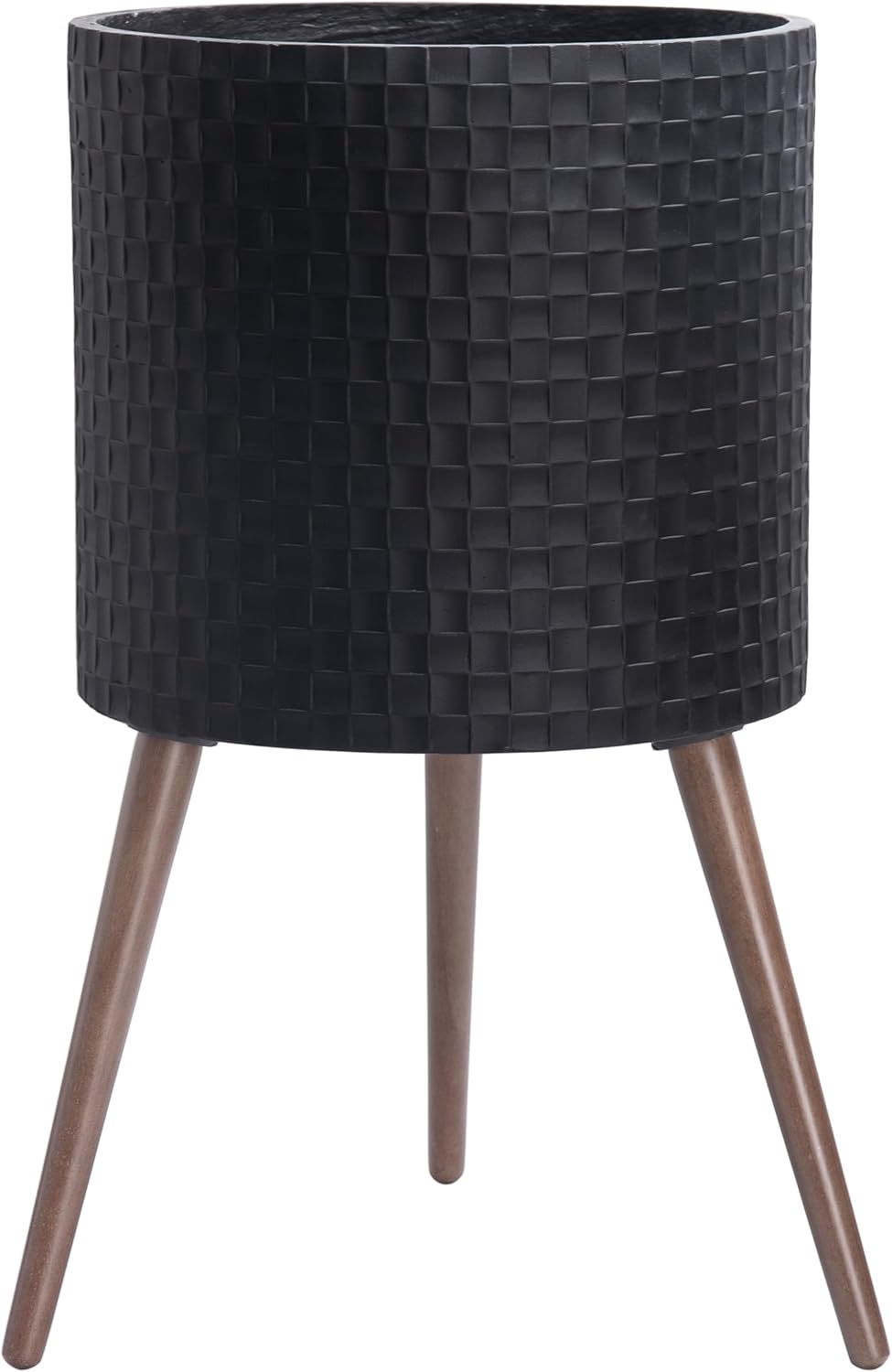 D'vine Dev 16 Inch Modern Geometric Tile Patterned Sleek Planter Pot with Stand, Indoor Outdoor Decorative Plant Holder, Matte Black, 88-Z-E-2
