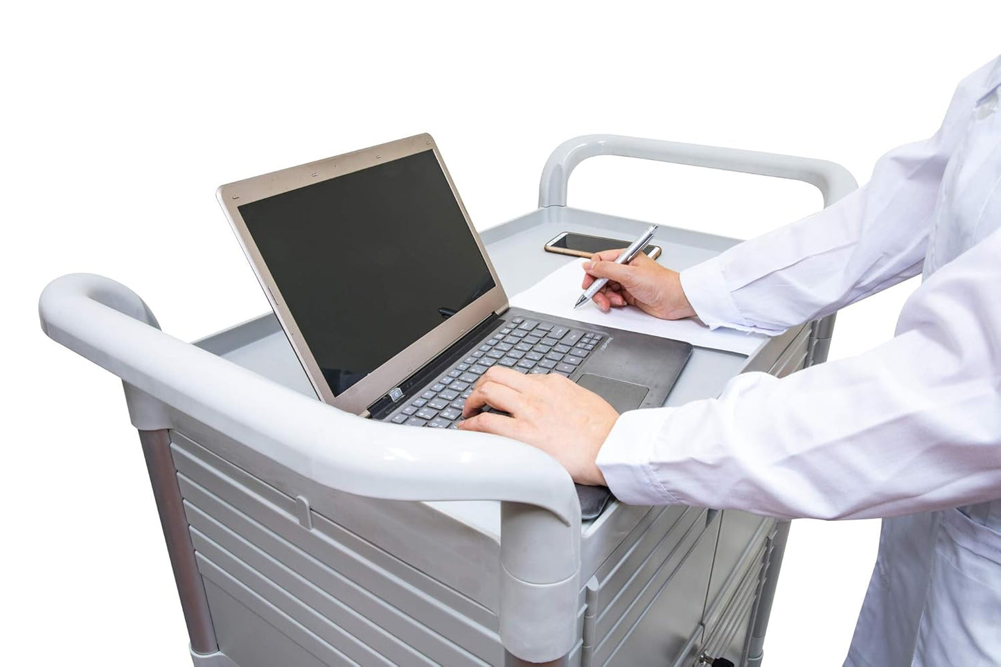 [JaboEquip] Commercial Double Lockable Medical Cart 3 Shelf Hospital Cart L34.43xD19.69xH40.55 inch Off-White (Light Grey) Color