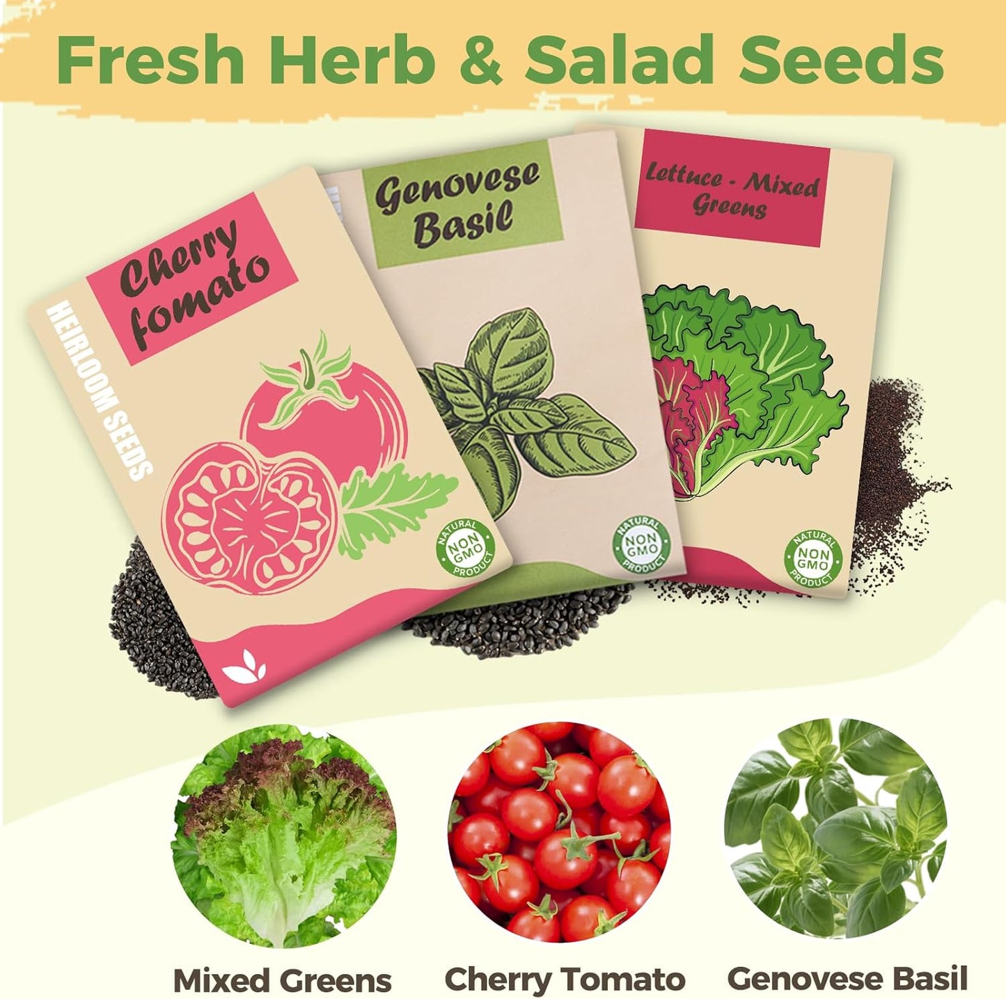 Herb & Salad Seed Pods Kit - Hydroponic Refill Pod for All Indoor Garden, 8 Grow Pods with Seeds of Genovese Basil, Cherry Tomato and Mixed Greens, Compatible with All Hydroponics Growing Systems