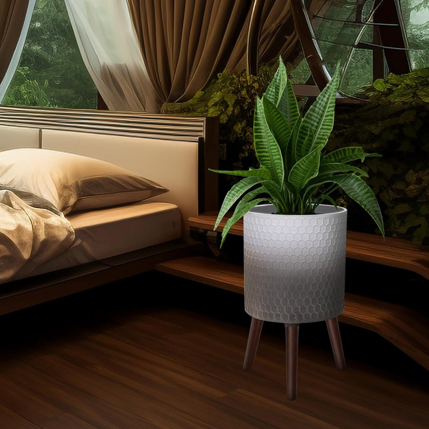 10 Inches Plant Pot with Stand, Large Modern Standing Planters with Drainage Holes for Indoor Plants, White&Gray Flower Pots with Legs