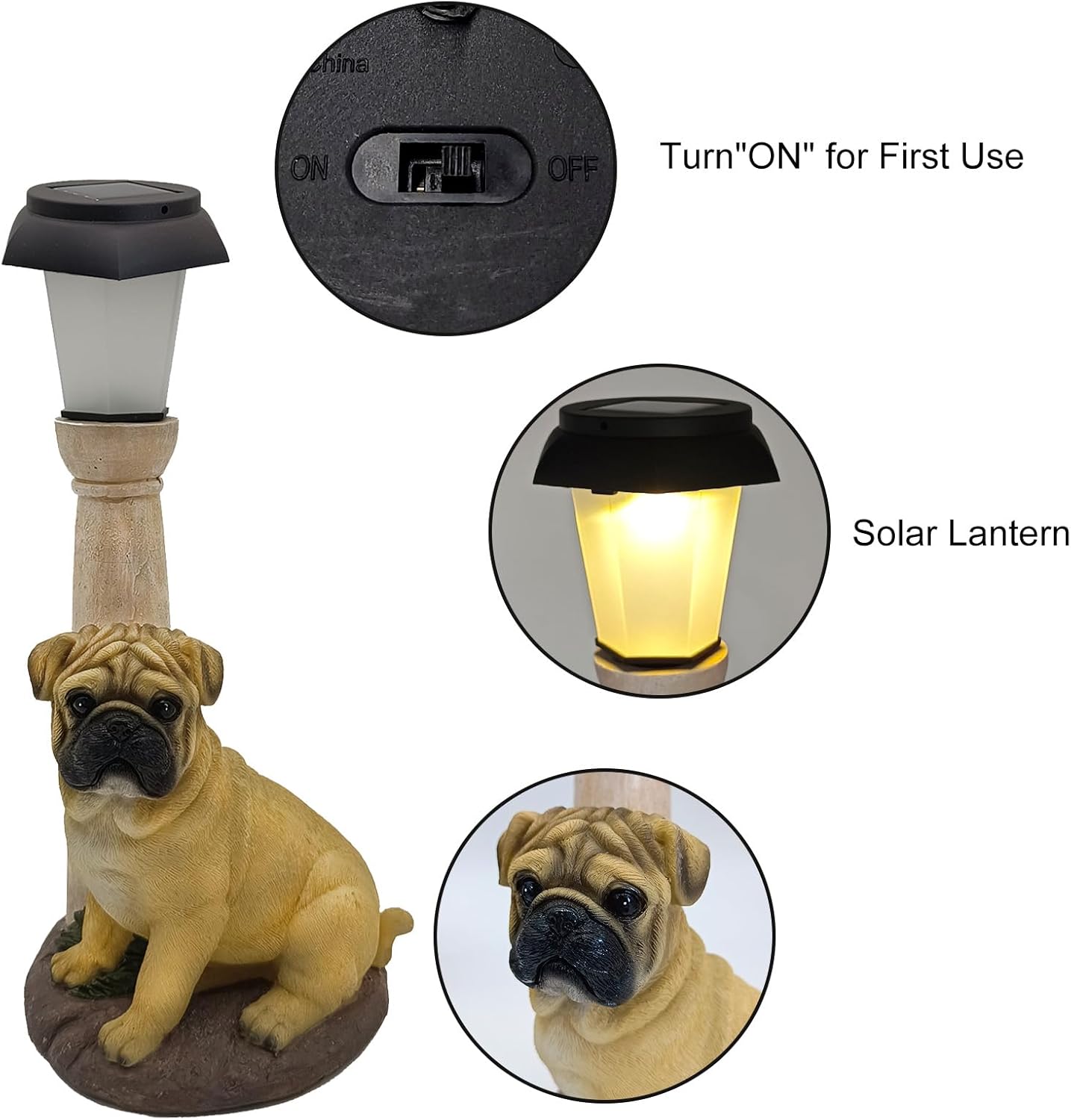 BAYN Solar Dog Garden Statues with Lantern, Resin Pug Dog Sculpture with Warm White Light for Outside Lawn Porch Patio