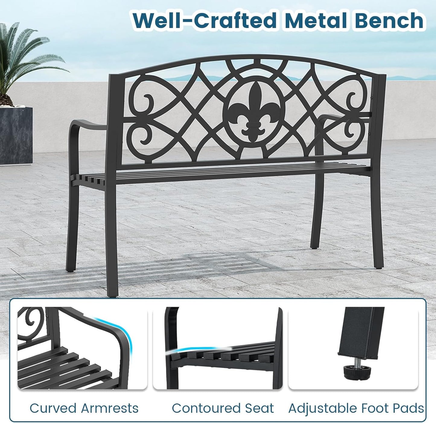Tangkula Metal Outdoor Garden Park Bench, 50.5 Inch Metal Slatted Loveseat for 2-3 with Cast Iron Floral Backrest, Heavy-Duty Patio Seating Furniture for Backyard, Porch, Balcony