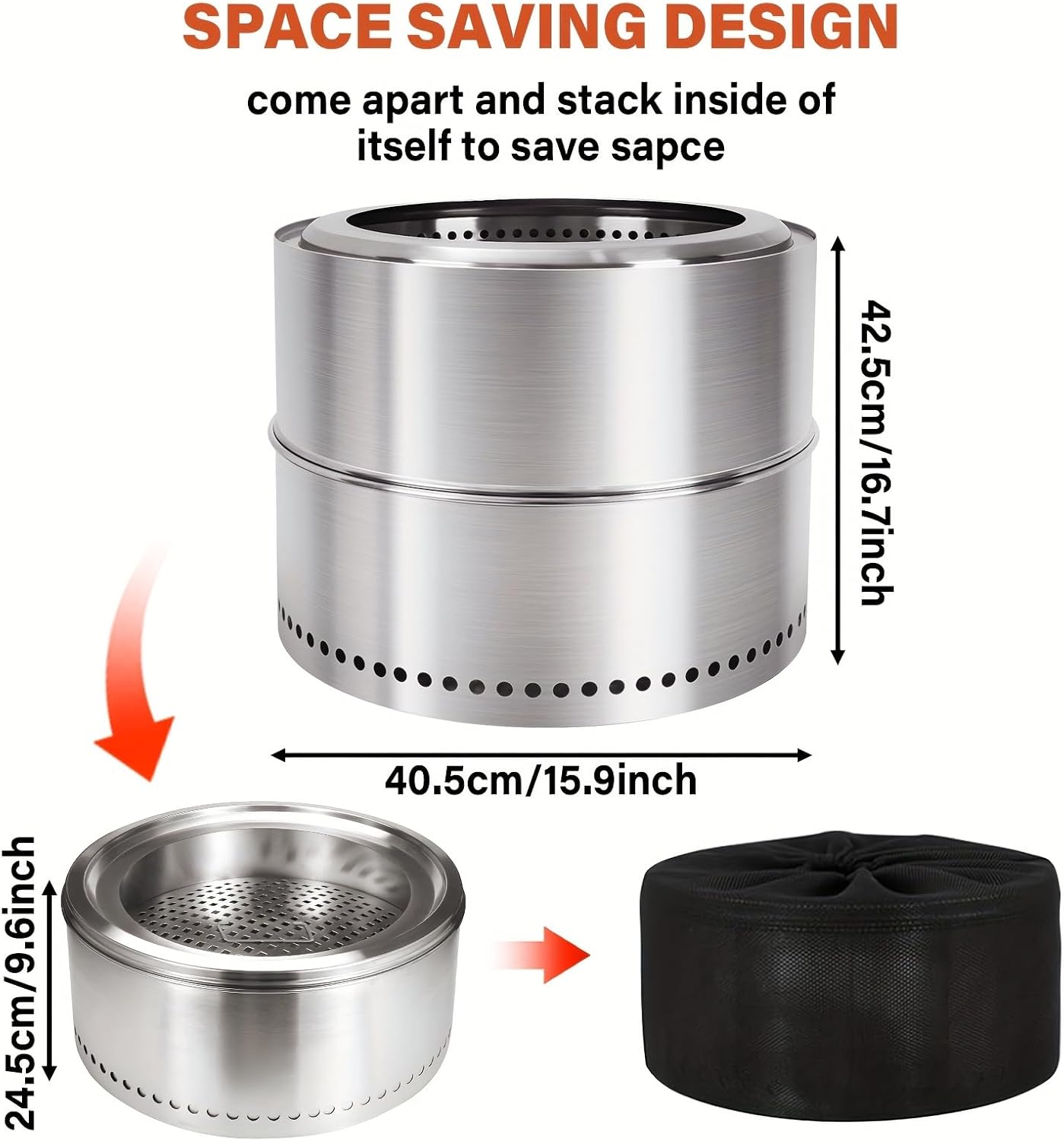 HGD 16 inch Smokeless Firepit, Stainless Steel Fire Pits, Smokeless Fire Pit for Outside with Carry Bag for Camping Backyard Patio Garden Picnic