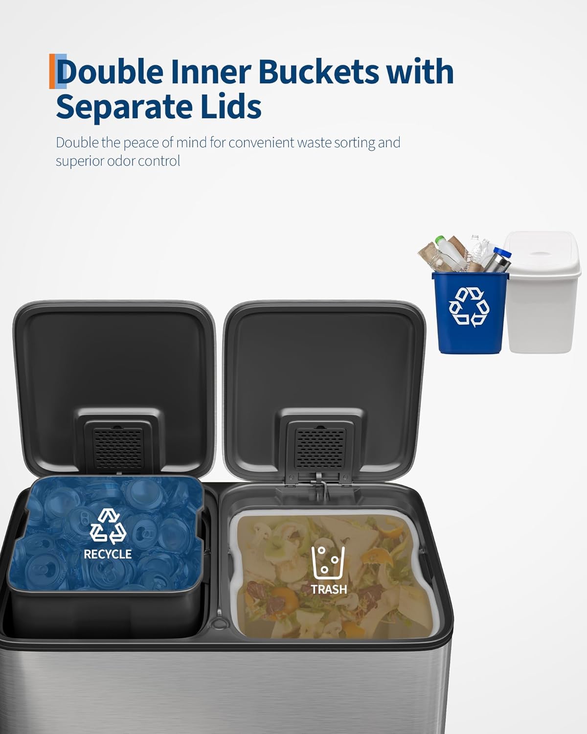 GarveeHome 2 x 10.6 Gallon Stainless Steel Double Trash Can with Lid for Kitchen, Large Dual Trash and Recycle Bin Combo, Step-on Kitchen Metal Garbage Cans, PP Inner Buckets, Liner Rim, Silver