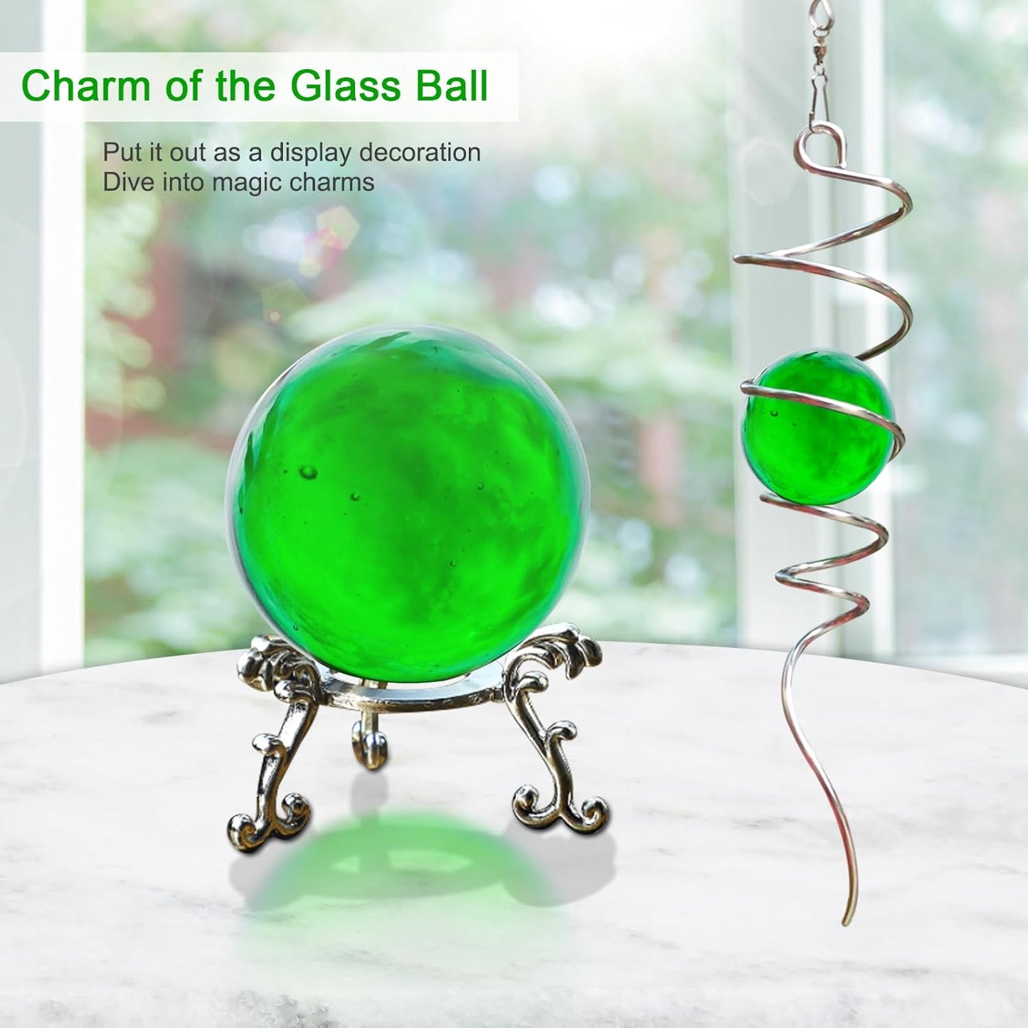 Wind Spinner Tail, Wind Spinners Stabilizer with Green Glass Orb, Gazing Ball Spiral, Sun Catcher Rainbow Maker Hanging Decoration Decor for Yard Garden, Saint Patrick's Day Gift Ideas