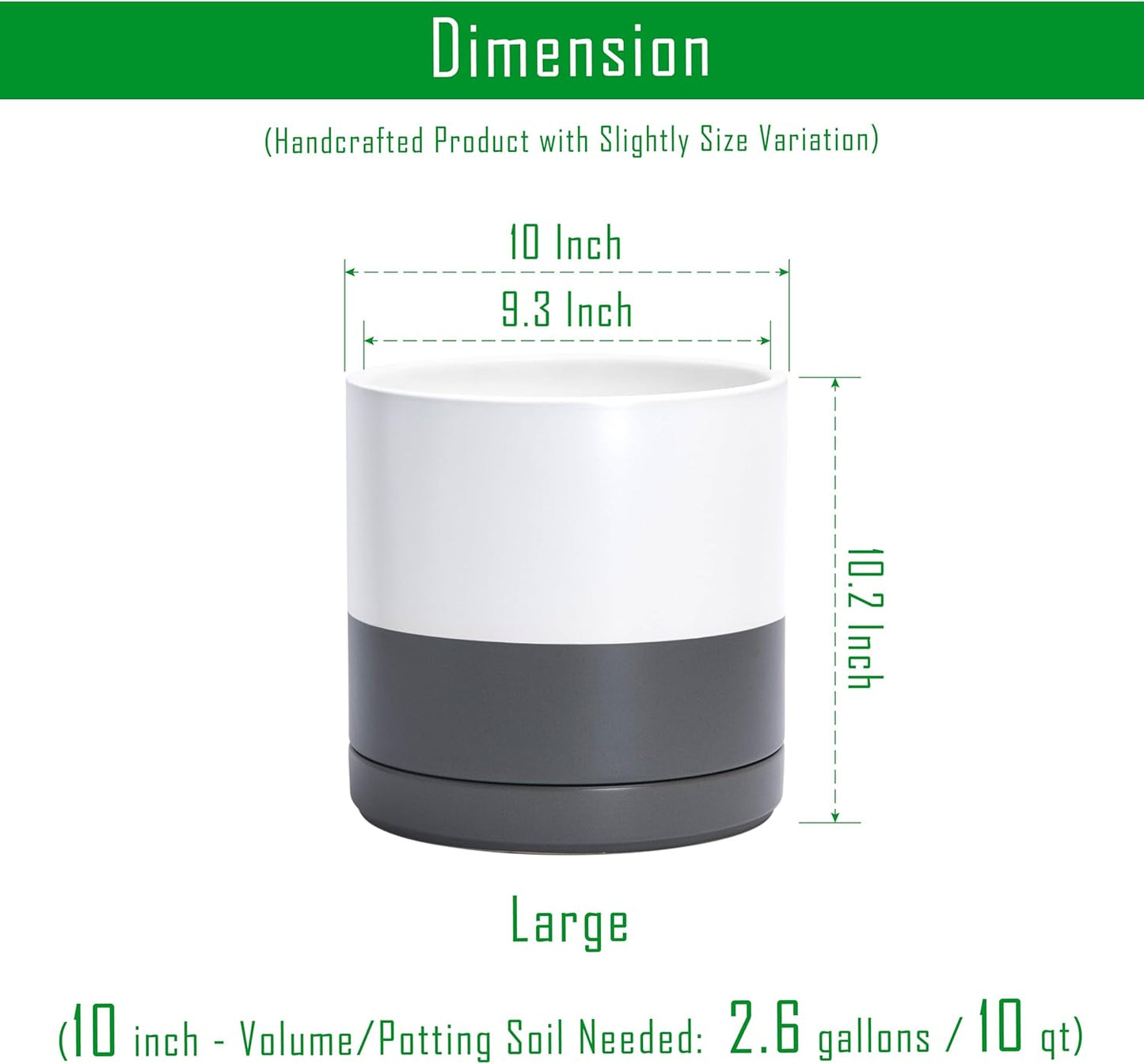 D'vine Dev 10 Inch Ceramic Planter Pot with Drainage Hole and Saucer, Indoor Cylinder Round Planter Pot, White/Speckled Grey, 94-O-E-6