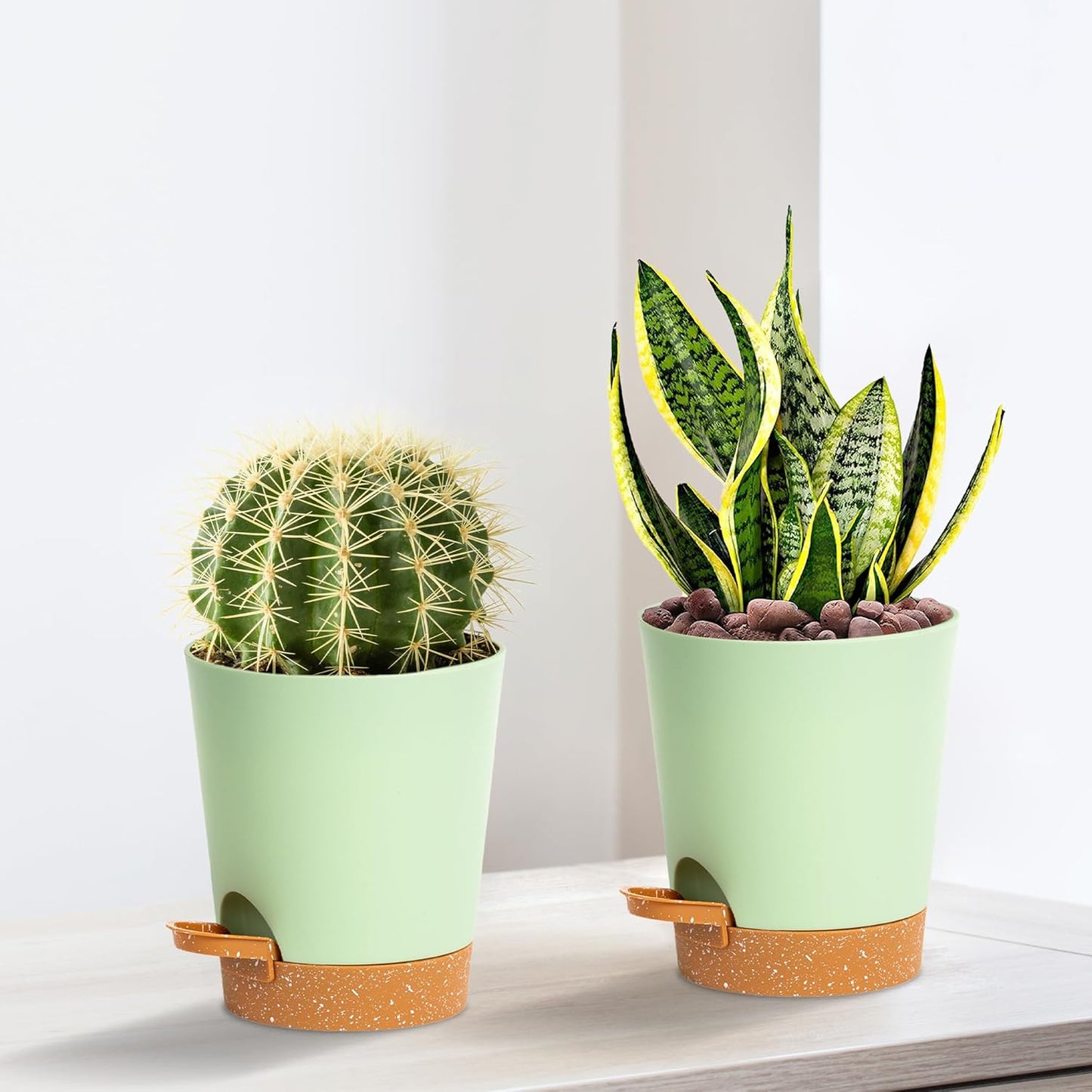 4 inch Small Plant Pots for Outdoor Indoor Plants, 5 Pack Planters with Drainage Holes and Tray, Small Self Watering Pots for Succulent,Cactus, Aloe and Other Plants (Green)