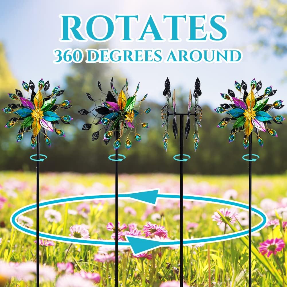DREAMYSOUL Outdoor Kinetic Wind Spinner 360 Degree Rotate, Double-Sided Large Metal Wind Spinners for Yard and Garden, 16" Dia * 66" H Tall Wind Sculpture & Spinners