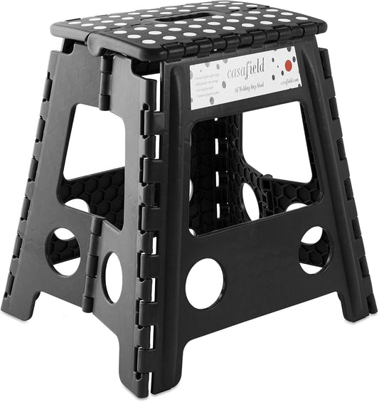 Casafield 16" Folding Step Stool with Handle, Black - Portable Collapsible Small Plastic Foot Stool for Adults - Use in The Kitchen, Bathroom and Bedroom