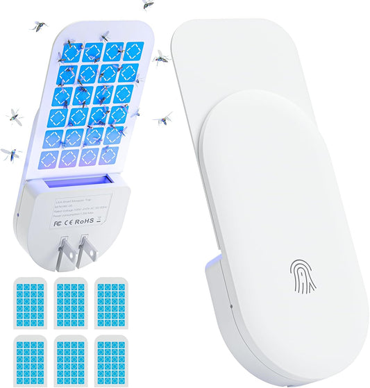 Flying Insect Trap, 2 in 1 Indoor Plug-in Fruit Fly Trap, 1 Trap White and 6 Glue Cards, Fruit Fly Traps for Gnat, Moth, Mosquito, Suitable for Every Part of The Home