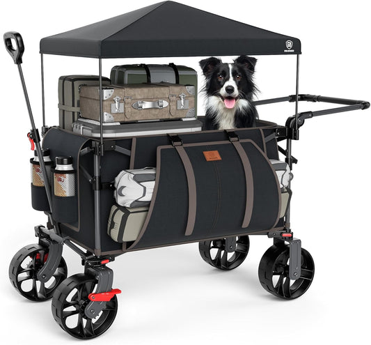 EVER ADVANCED Folding Push Wagon with Canopy, Portable Shopping Cart with Brakes, Collapsible Wagon Cart with All-Terrain Big Wheels for Camping, Beach, Sports