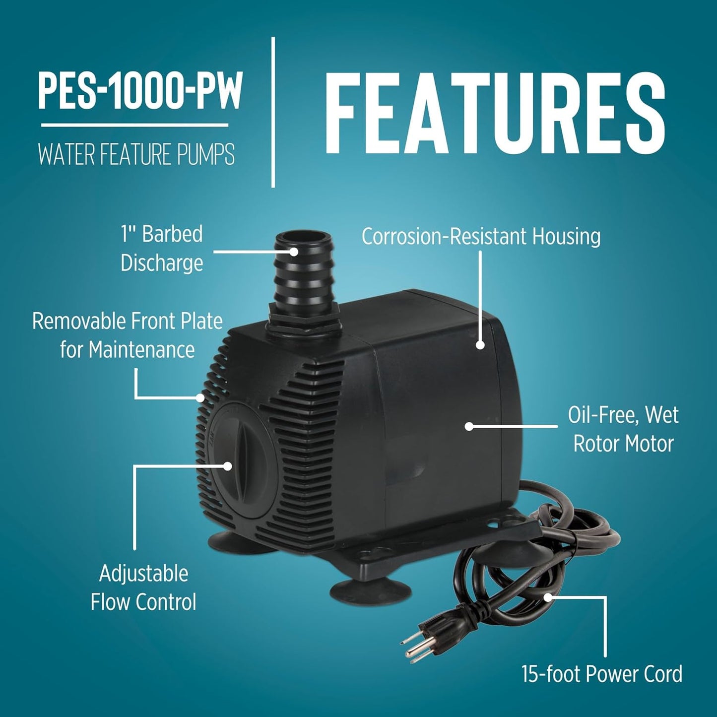 Little Giant PES-1000-PW 115-Volt, 1150 GPH Magnetic Drive Fountain/Pond Pump with 15-Ft. Cord, Black, 566722