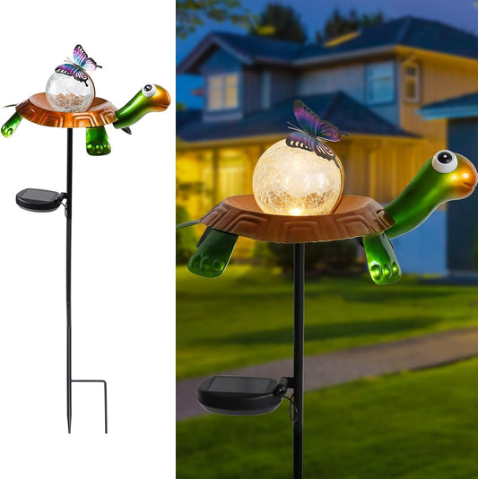 Afirst Solar Lights Outdoor Decorative Metal Turtle Crackle Glass Globe with Butterfly Warm White LED Metal Waterproof Garden Stake Lights for Walkway Pathway Lawn Patio Yard Decorations