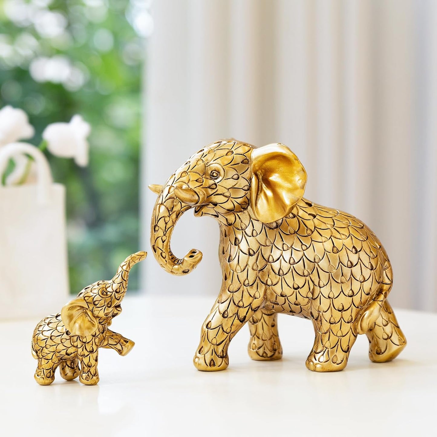 Vintage Gold Elephant Statue.Elephant Figurines Inspiring Good Luck,Health.Unique Elephant Gifts for Women,Moms.Elephant Home Decor Ornaments for Living Room,Bookshelf,Table Centerpiece,Office