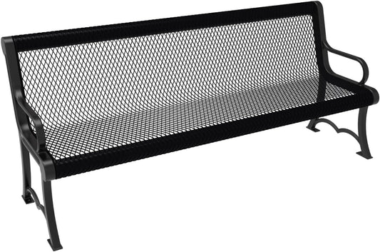 Coated Outdoor Furniture Heavy-Duty Outdoor Bench Thermoplastic Coated, Expanded Metal, Commercial-Grade Garden Bench, Made in America (Portable with Back, 6 Ft, Black)