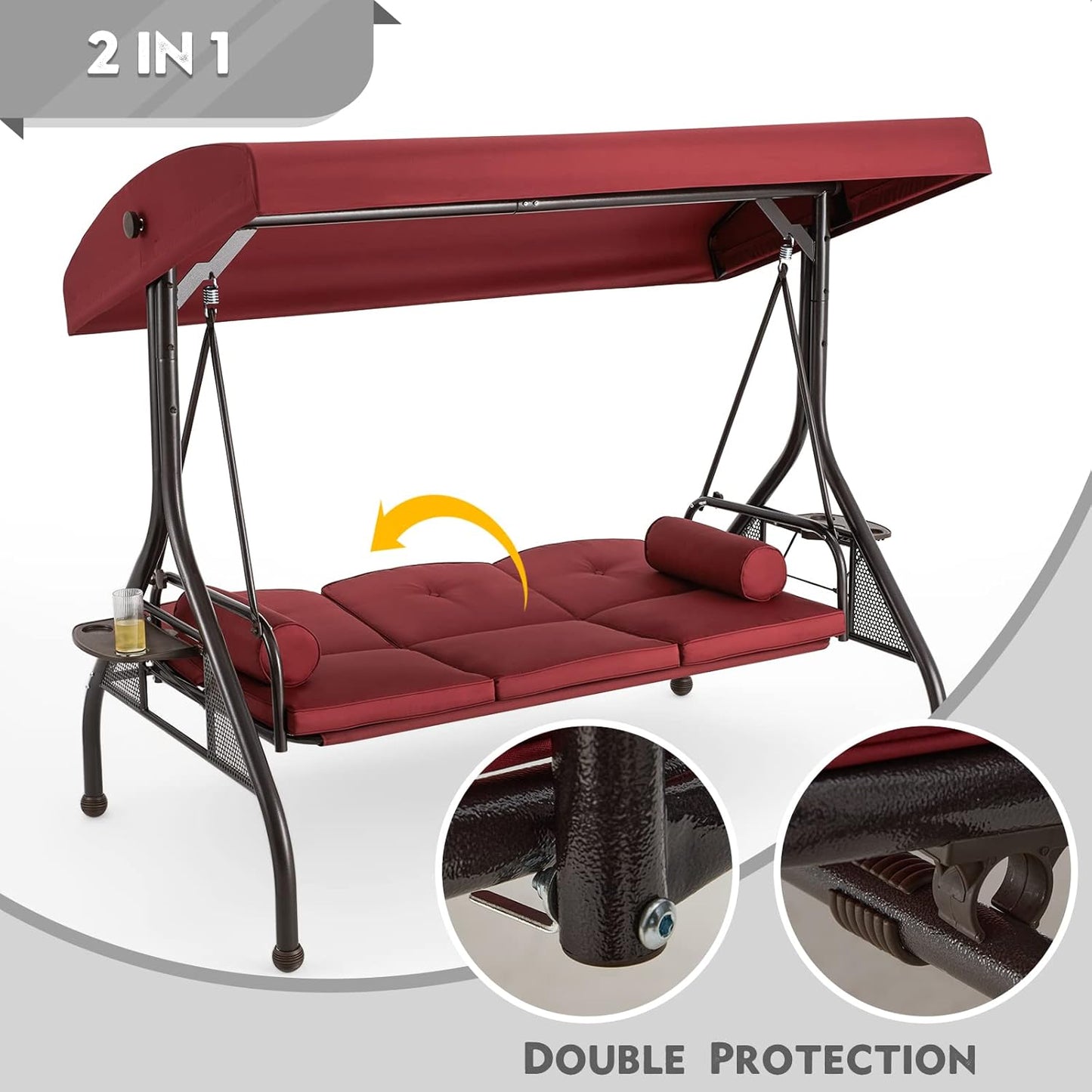 HOMREST 3 Seat Outdoor Porch Swing with Adjustable Canopy, Convertible Patio Swing Bed with Stand, Patio Glider Swing with Upgraded Cup Holder, Thicken Cushions ＆ Pillow for Backyard (Wine Red)