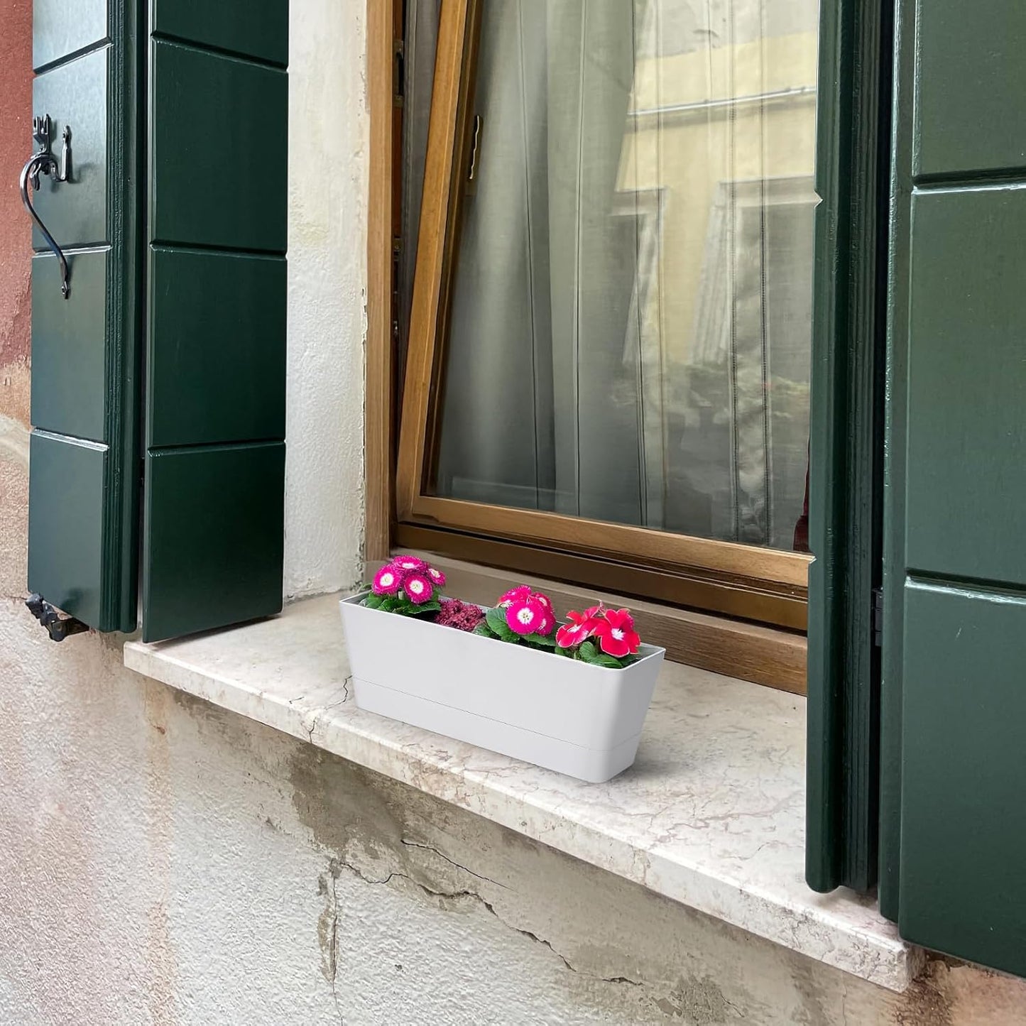 GREANER 12x3.8 Inch Herb Planters, 6 Pack White Rectangle Window Boxes with Tray, Indoor Succulent Cactus Mint Plastic Pot with Saucer for Windowsill, Balcony, Office, Outdoor Garden