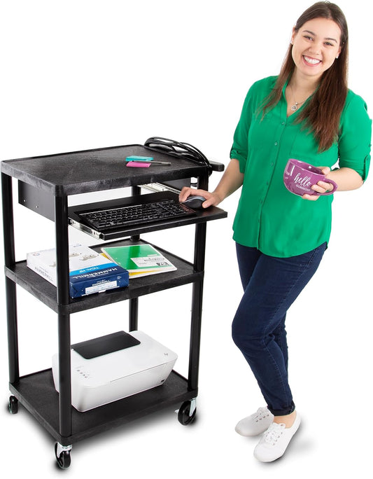 Stand Steady Line Leader 42" H Multipurpose Storage Utility Cart with 3 Shelves, Front Pullout Tray and Push Handle | Easy Assembly (24in x 18in x 42in / Black)