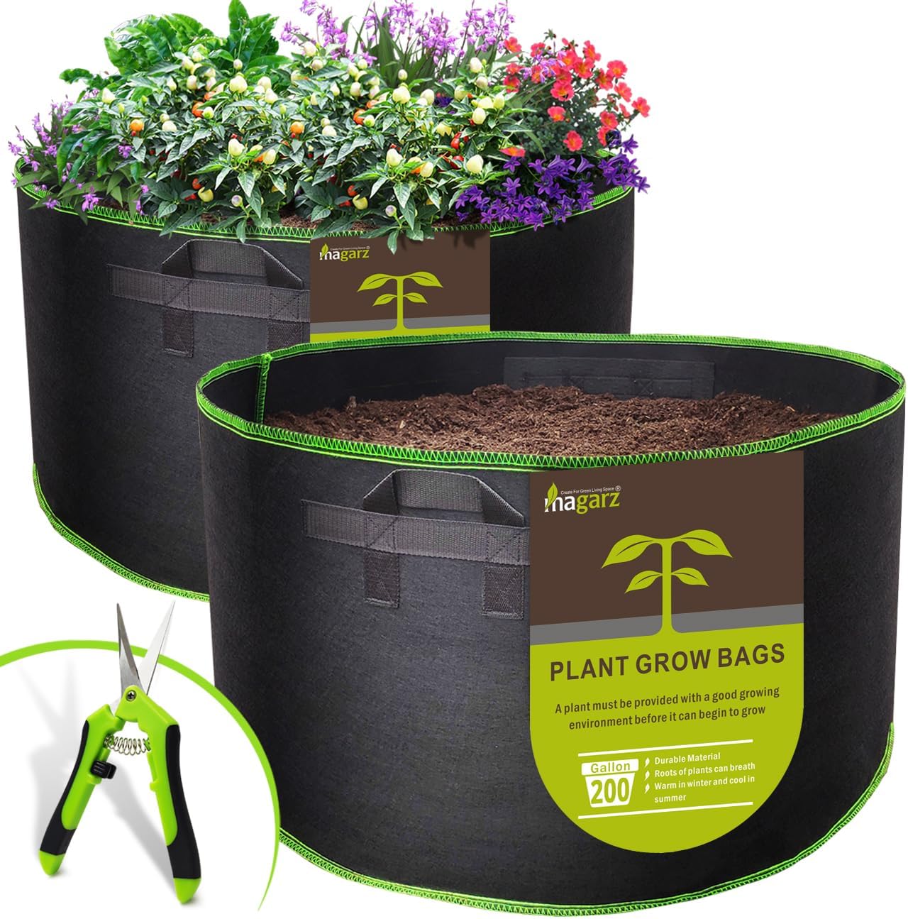 2-Pack 200 Gallon Fabric Flower Pots Garden Felt Grow Bags with Handle (Black)