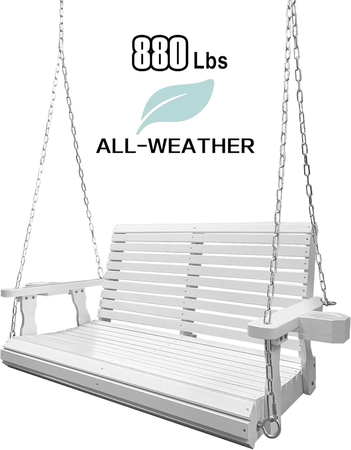 Wooden Porch Swing 2-Seater, Bench Swing with Cupholders, Hanging Chains and 7mm Springs, Heavy Duty 800 LBS, for Outdoor Patio Garden, Pure White, 4 FT Extra Large