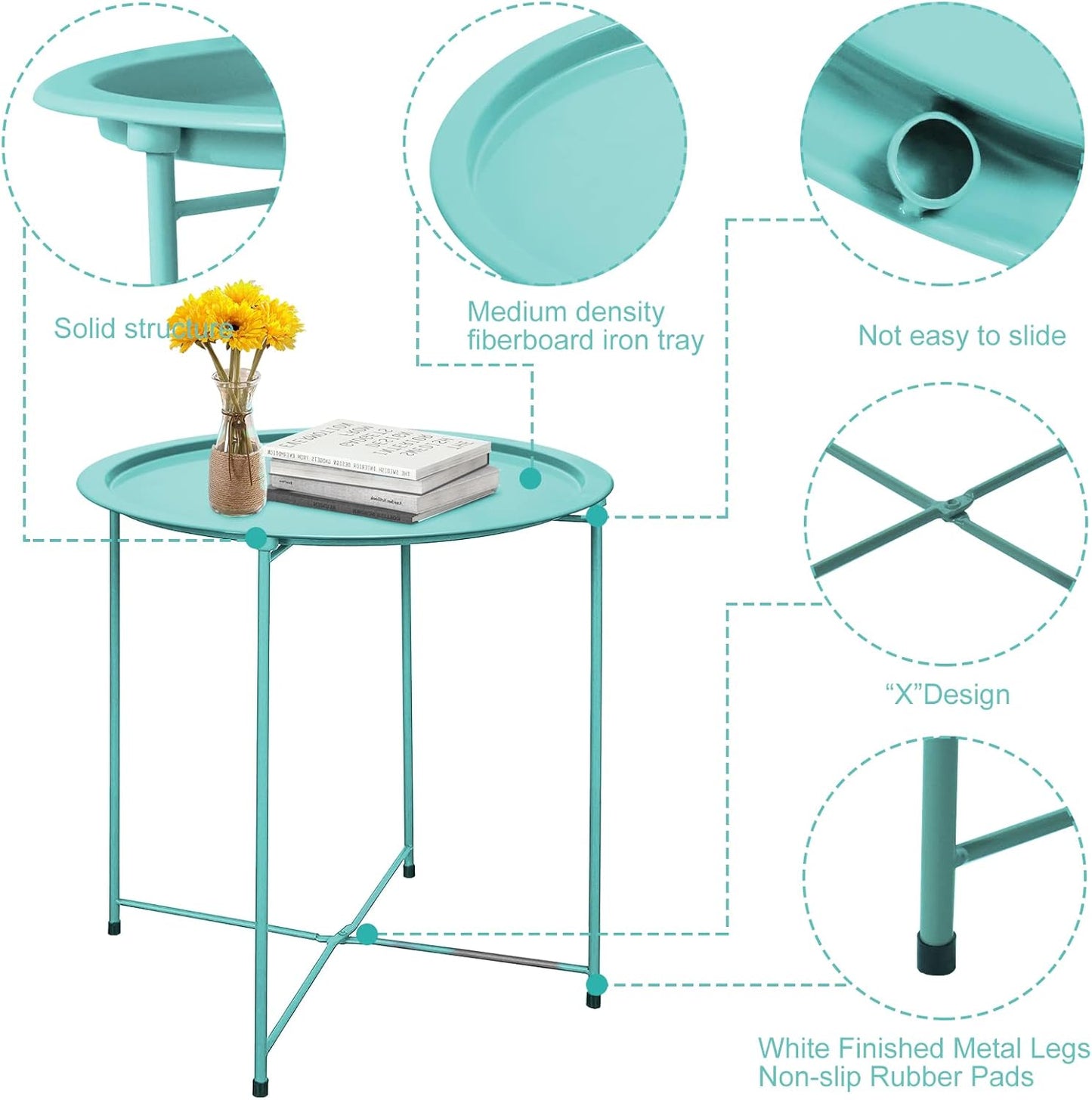 Garden 4 you End Table Metal Side Table Green Round Folding Tray Cyan Sofa Small Accent Fold-able Table, Round End Table Tray, Next to Sofa Table, Snack Table for Living Room and Bed Room