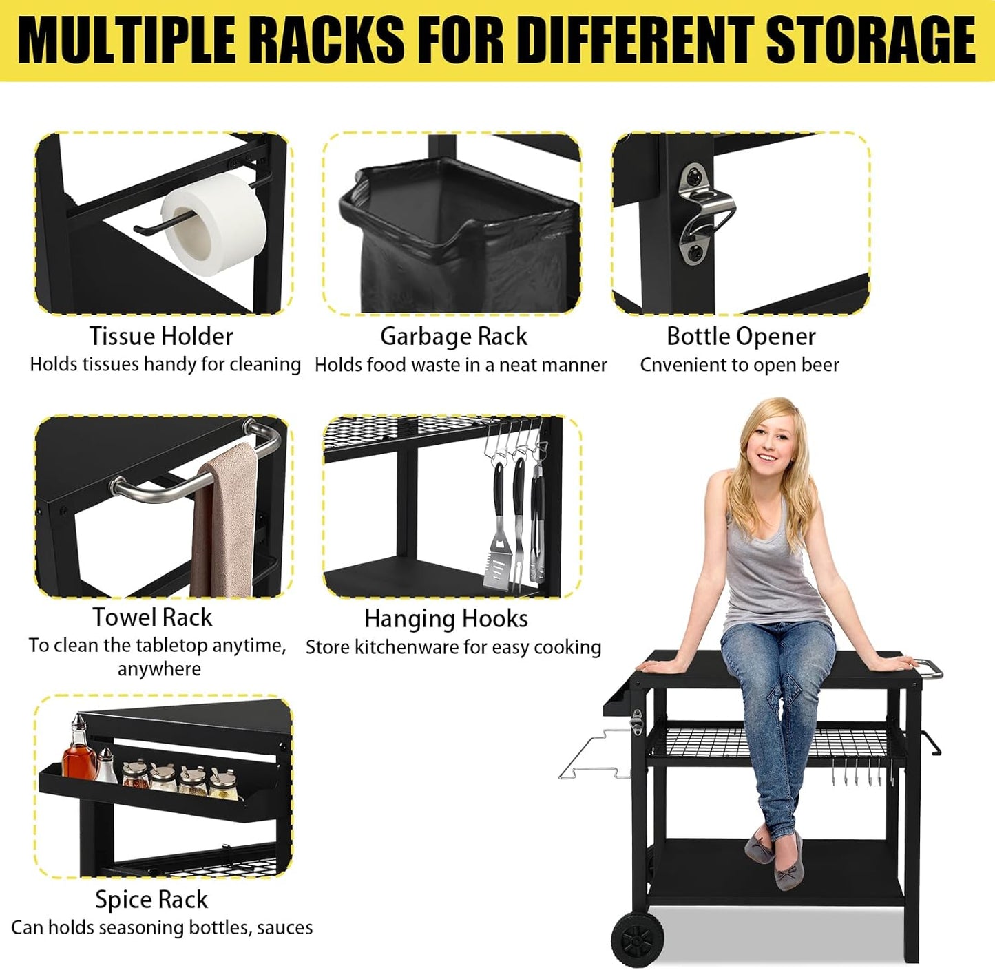 Outvita Outdoor Grill Cart, Movable Food Prep and Work Cart Table, Pizza Oven Stand Table with Wheels, Indoor & Outdoor Multifunctiona BBQ Cart with Mesh Racks for Home Party Camping