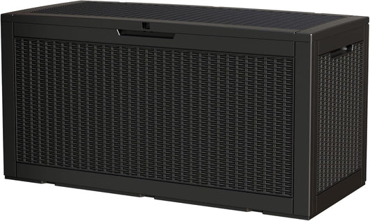 100 Gallon Storage Box, Waterproof Resin Deck Box with Hydraulic Piston Design, Lockable Storage Bench for Package Delivery, Storage Bin for Patio Cushions, Garden Tools, Black