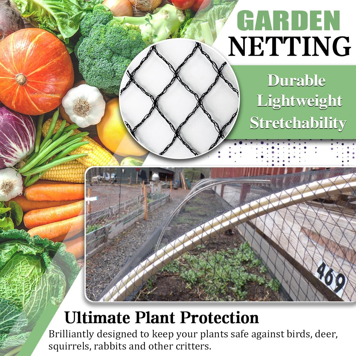 Bird Netting，15 x 15 FT Garden Netting Bird Net for Chicken Coop, Poultry Netting Fence for Fruit Trees, Plants and Vegetables Against Birds, Deer, Squirrels and Other Animals