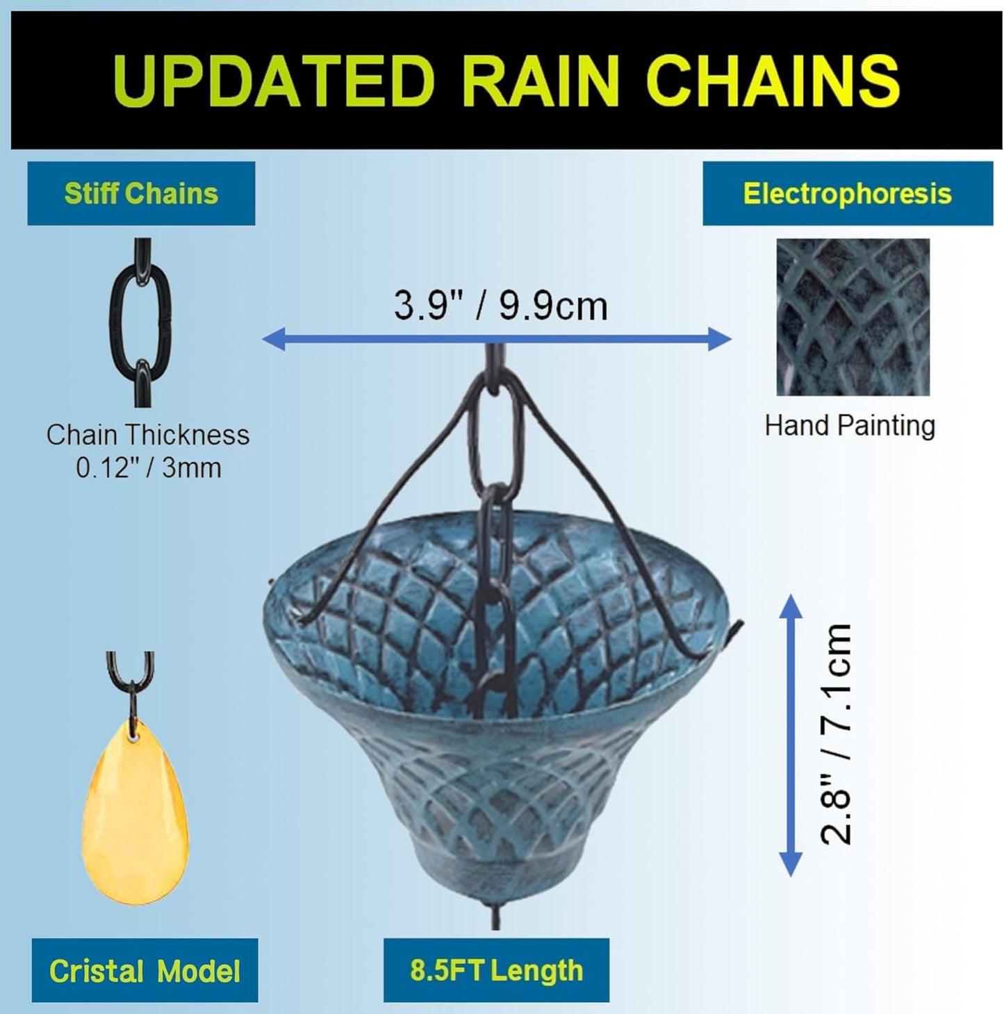 [Upgraded] 8.5FT Sky Blue Iron(Both-Sided) Rain Chains for Gutter and Rain Barrel, Rust-Resistant Plated Garden Décor Rain Chain for Downspout, W/Rain Chain Gutter Adapter, Earrings for House