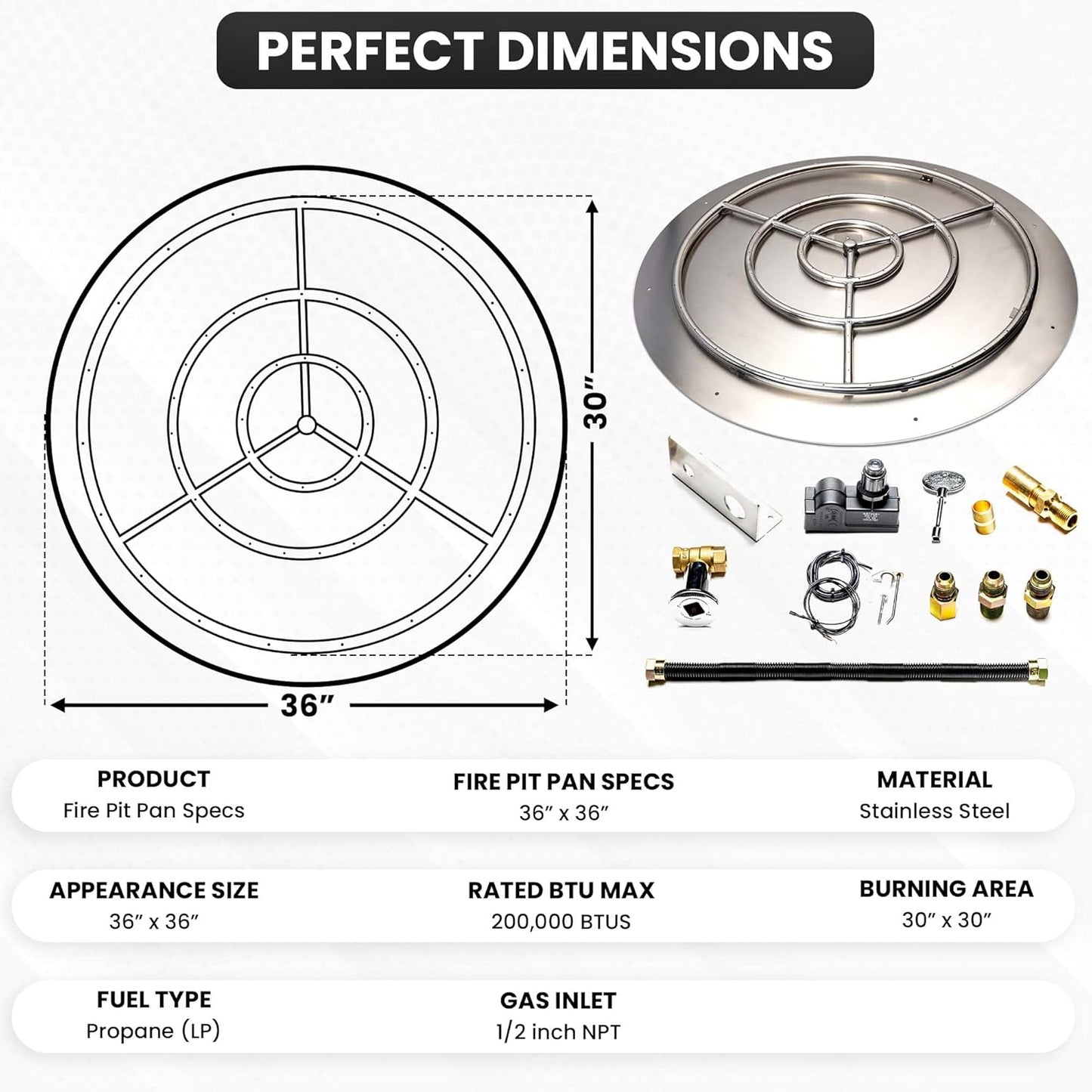 Stainless Steel Fire Pit Burner Pan & Ring Standard Kit with Spark Ignition for Liquid Propane, 36-Inch Pan, 30-Inch Ring, 200,000 BTU Max